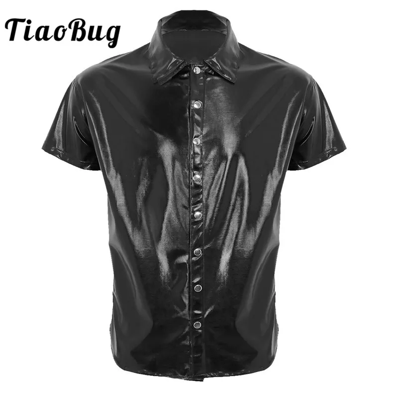 TiaoBug Men Black Patent Leather Shirt Tops Short Sleeve Press Button ...