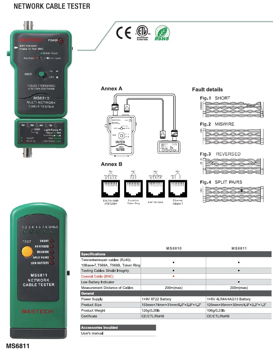 Горячая коаксиального кабеля BNC сети Провода линии тестер детектор Tracker Mastech MS6810 Популярные