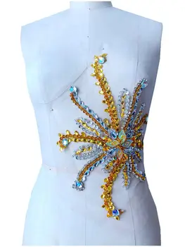 

30*24cm Handmade golden/silver/clear AB colour sew on Rhinestones applique crystal patches with stones sequins beads