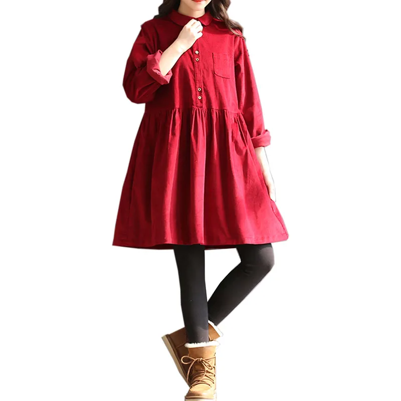 

Retro corduroy dress 2019 new women's long-sleeved lapel girls red autumn and winter shirt mini dress Vestidos