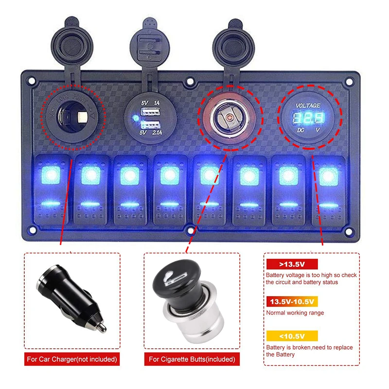 

8 Gang Car Boat Rocker Switch Panel Control Dual USB Charging Ports Digital Voltmeter IP65 Waterproof for Car Marine Boat