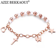 AZIZ BEKKAOUI Девушка Лето розовое золото звено цепи крест браслет для женщин нержавеющая сталь сердце ювелирные изделия цена браслеты