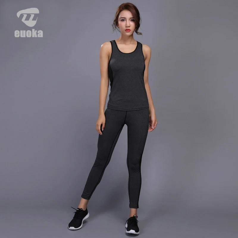 EUOKA Sleeveless Yoga Set Women Running Fitness Sport Vest+Pants Yoga Leggings Gym Clothes