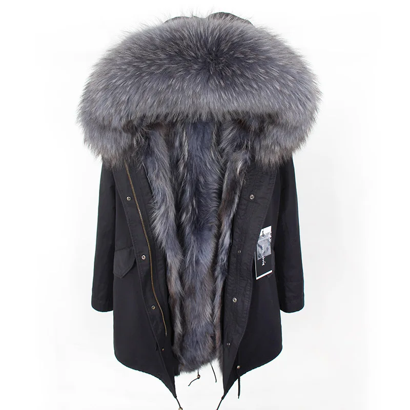 Женское зимнее длинное пальто из натурального меха енота с капюшоном, Свободные повседневные парки с натуральным мехом, теплая хлопковая куртка Mujer - Цвет: black grey