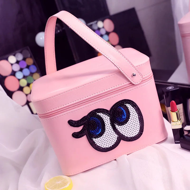 

Hot Sales High Quality PU Leather Professional Cosmetic Case Portable Women Makeup Case Cartoon Eyes with Compartment Makeup Bag