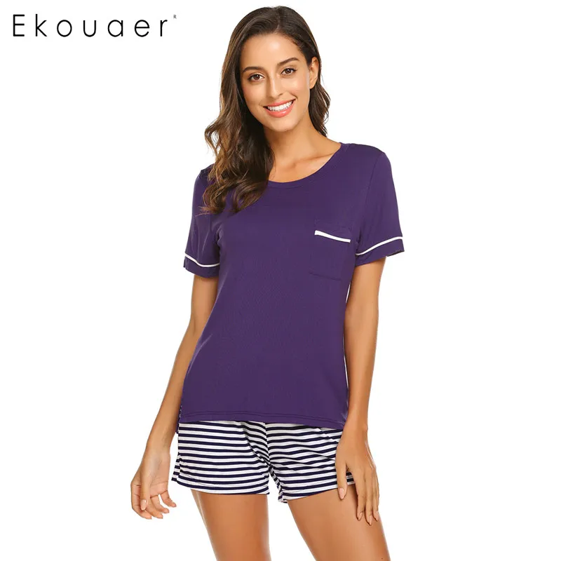 Ekouaer Повседневный Пижамный комплект для женщин с О-образным вырезом, коротким рукавом, передними карманами, топы и полосатые шорты, мягкий пижамный комплект, Женская домашняя одежда, ткань - Цвет: purple