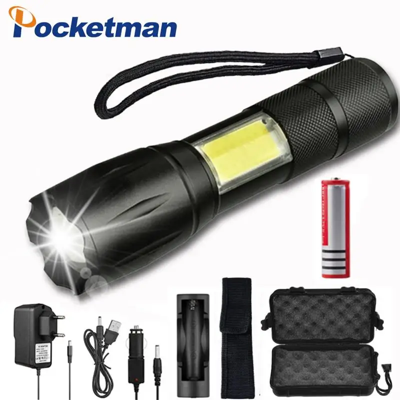 

LED flashlight side COB lamp design T6 6000 lumens Zoomable torch 4 light modes for 18650 battery + charger +gift