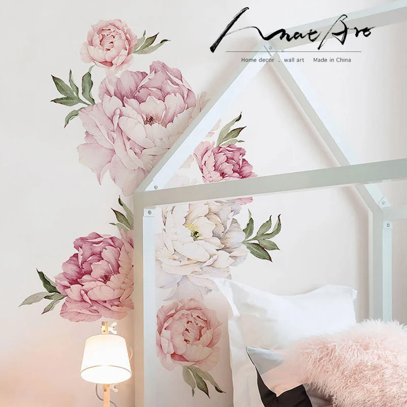 Online Rosa moderne home wohnzimmer dekor wand kunst Pfingstrose Blumen Wand Aufkleber Wandbild diy kunst Schlafzimmer dekoration hochzeit zubehör