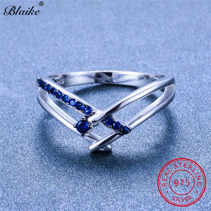 Настоящее Серебро s925 пробы, кольца для женщин, Геометрическая Корона, кольцо с голубым сапфировым камнем, обручальные кольца, циркониевое кольцо, простое ювелирное изделие