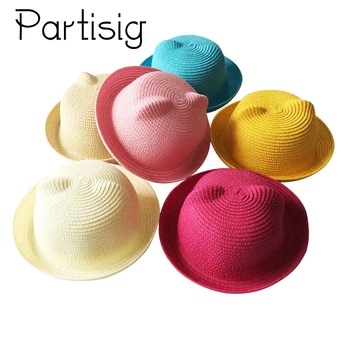 

2018 Summer Children Hats Straw Ear Cap For Girls Cartoon Sun Hat For Boys Beach Panama Hat Roll Up Baby Cap