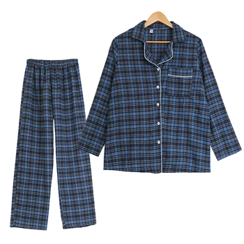 

New 2019 Vintage Plaid Pajamas Women Girls Turn-donw Collar Long Top + Pants Elastic Waist 2 Pieces Suit Checker Homewear S70002
