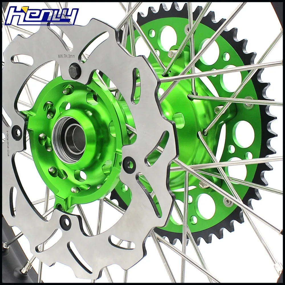 21/19 MX полный мотоциклетные колеса диски набор для KAWASAKI KX125 KX250 1993-2002 зеленый CNC хабы звездочки сзади 220 мм диск