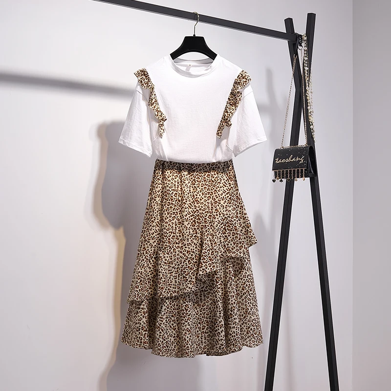 

2019 Summer Women Short Sleeves T-shirt + Leopard Flouncing Skirt 2pcs sets Female Beautiful suits A1282