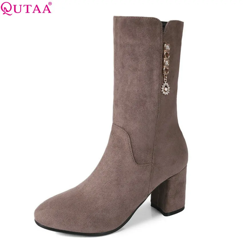 

QUTAA 2019 Women Mid Calf Boots Platform All Match Square High Heel Round Toe Winter Boots Flock Women Boots Big Size 34-43