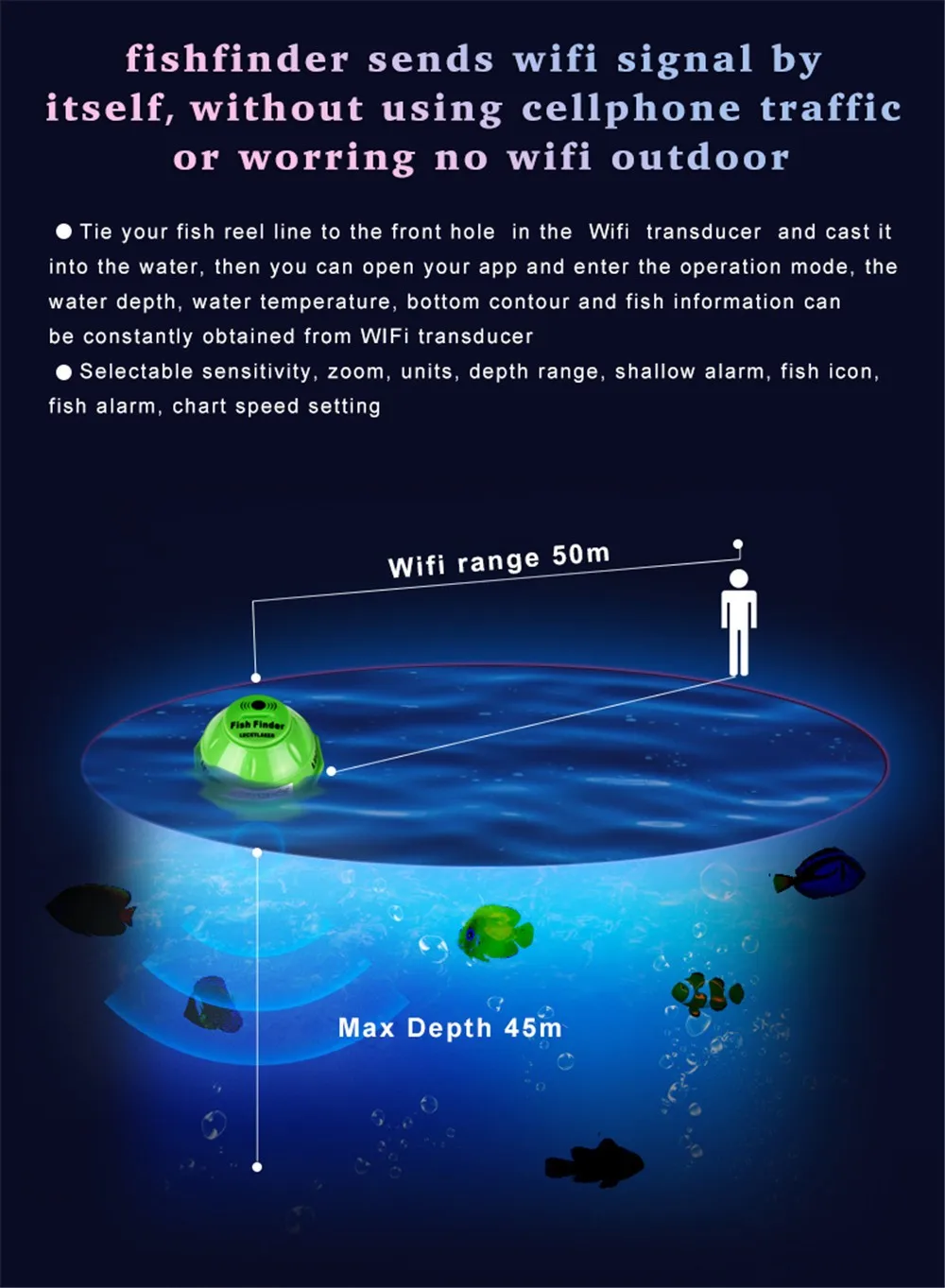 peixes do mar detectar localizador sem fio eco para android ios