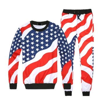 

2017 Novelty Harajuku 3d american flag suit Stars and Stripes print pants and sweatshirt 2 piece set men/women sweatpants R2391