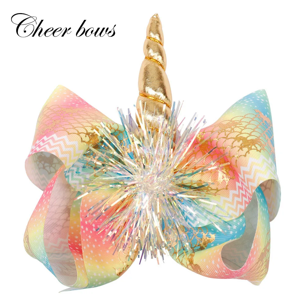 

Cheer Bows 7" Girls Kids Hair Clip Cartoon Printed Ribbon Hair Bows Unicorn Horn Hairgrip Large Headwear Hair Accessories