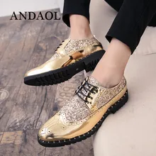 

ANDAOL Casual Leather Shoes luxury Wedding Party Lace-up Shoes Handmade top quality Men Oxford Breathable Golden Shiny Shoes