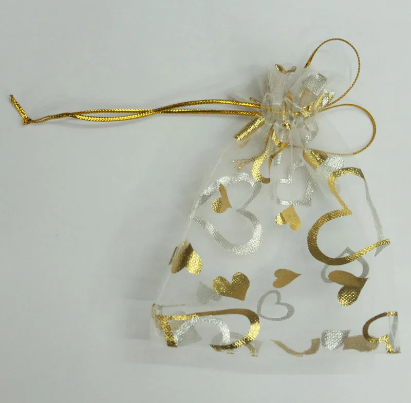 

ALYMMO Wholesale 100pcs/lot 15x20cm Heart Gold Bronzing Organza Bags White Jewelry Bags And Packaging Small Drawstring Pouches