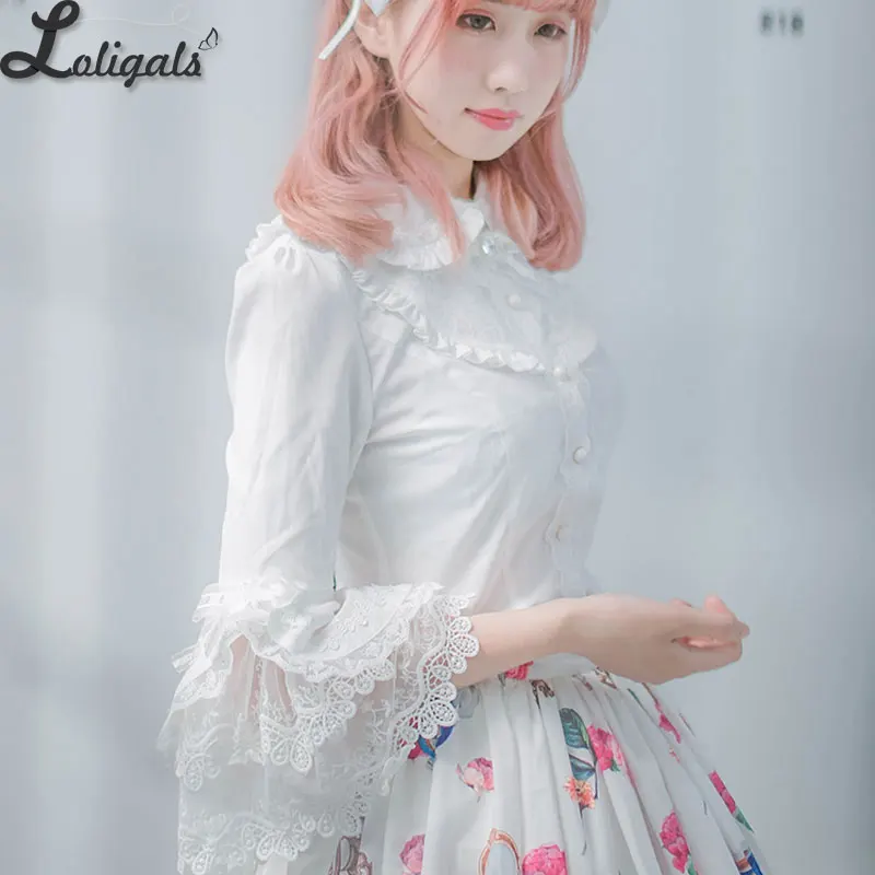 

2019 Victorian Lolita White/Black Blouse Women's Lace Long Flare Sleeve Lolita Shirt