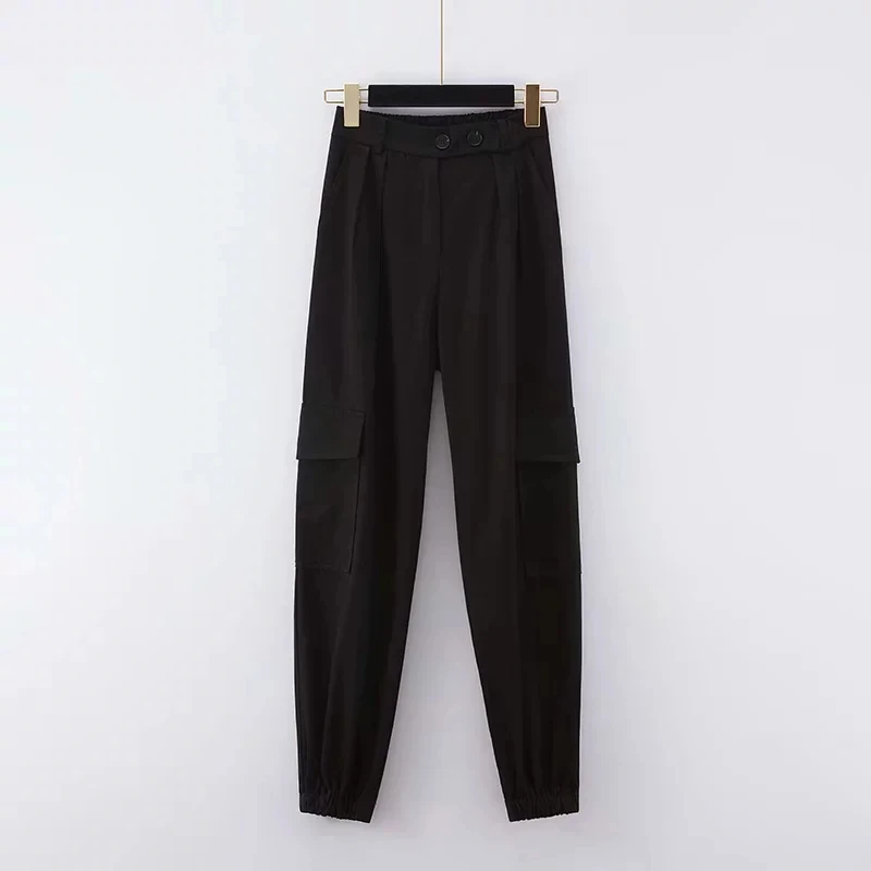 Винтаж Черный цвет и цвет хаки женские брюки-карго с карманами, свободные штаны-шаровары с эластичной резинкой на талии штаны
