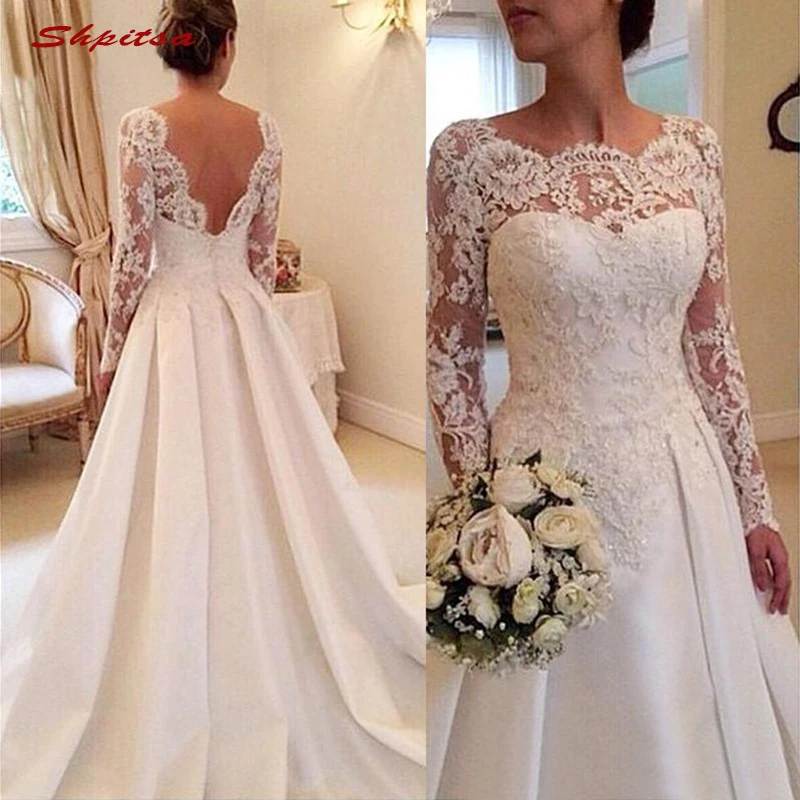 С длинным рукавом кружево Свадебные платья Атлас Турция плюс размеры линии невесты Свадебный Свадебные 2019