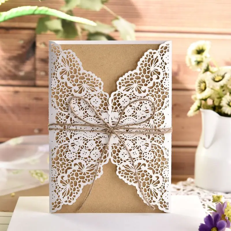  10pcs/set Hollow Lace Wedding Party Invitation Cards With Kraft Paper Inner Sheet Envelopes Hemp Ro - 33029663254