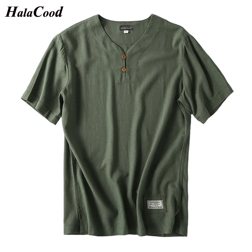 

Fashion Summer Men's Loose Short-sleeved Cotton Linen T-shirt Large Size Chinese Style V-neck Thin Section Tees Casual Clothes
