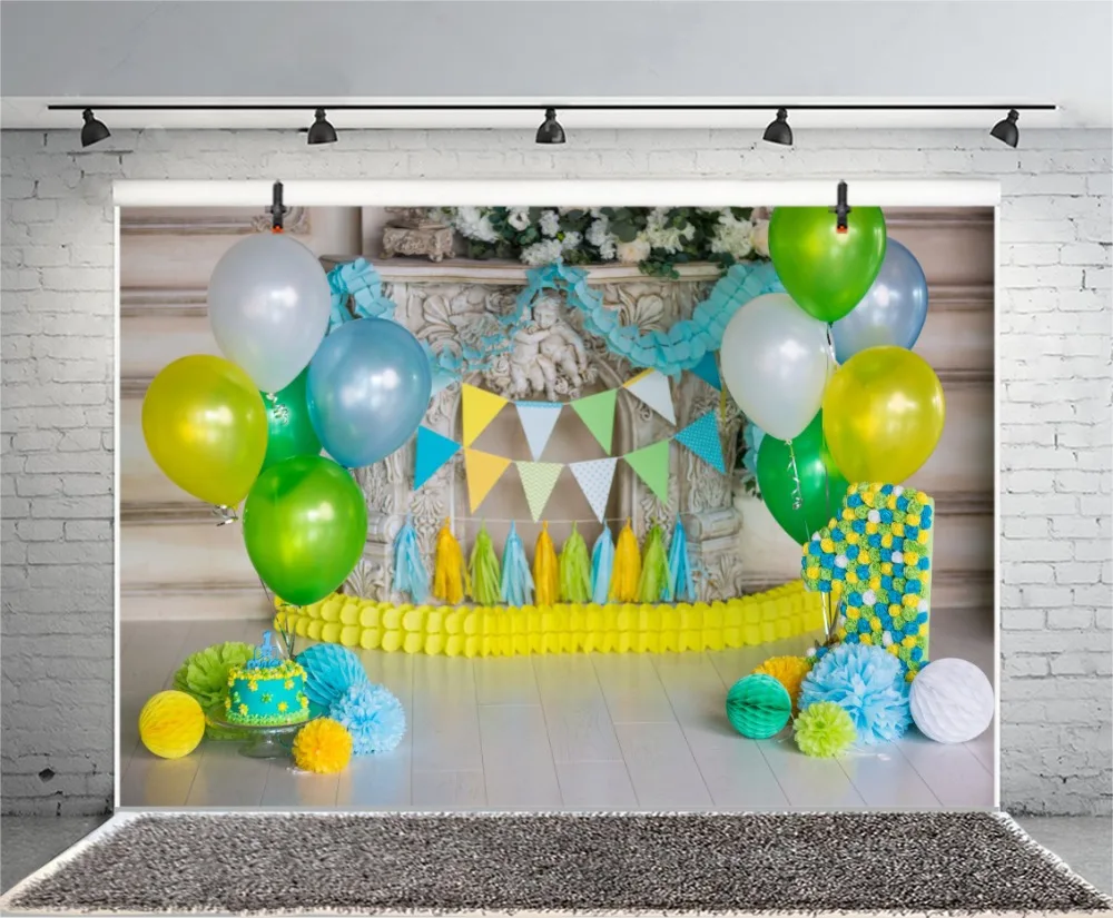 

Laeacco Birthday Party Balloon Fireplace Cake Scene Baby Photography Backgrounds Custom Photographic Backdrops For Photo Studio