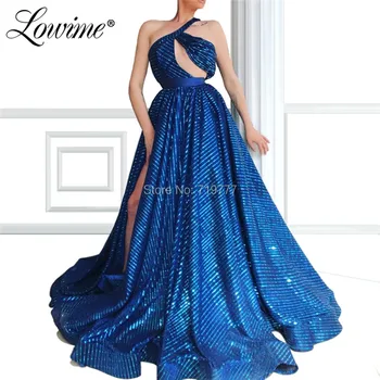 

Blue Prom Dresses One Shoulder Sexy Party Dress With High Split Side Abendkleider 2019 Long Dress Evening Gowns For Arabic Dubai