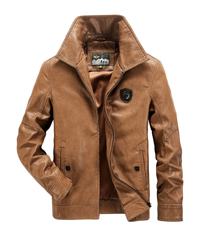 2019 Spring PU Leather Bomber Jackets Coats Business Stand Collar Brown Casual Fashion Cargo Military Jackets Coats Business (3)