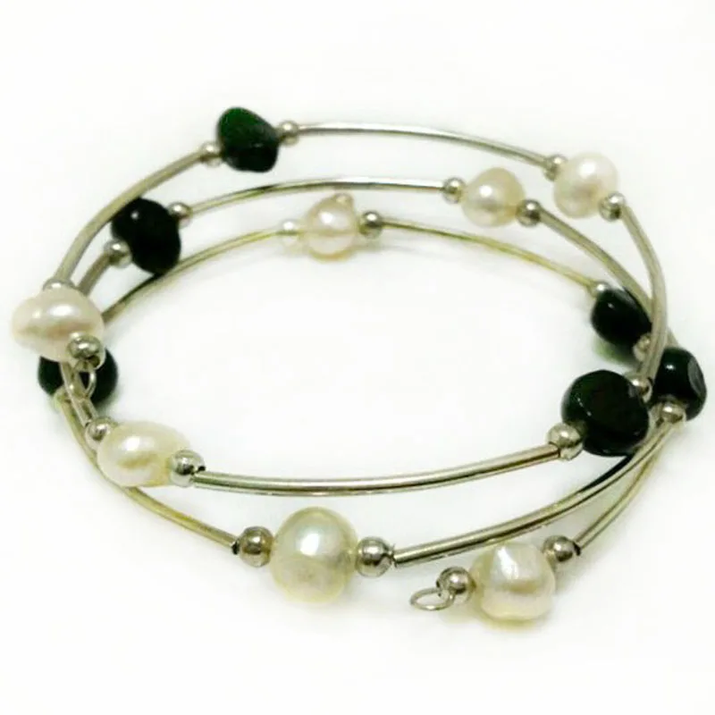 7.5-8 inches 8-9mm Double Color Natural Freshwater Baroque Pearl Memory Wire Bracelet for Women | Украшения и аксессуары