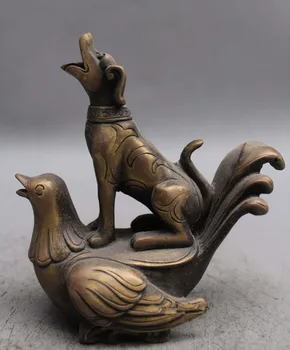 

5.5" Chinese Ancient Brass Dog Dogs Ride Bird Birds Phoenix Beast Statue
