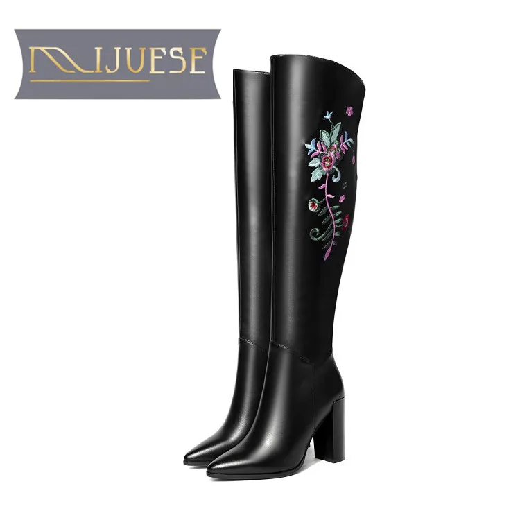 

MLJUESE 2018 women over the knee high boots cow leather Embroider winter warm short plush square heel high heels high boots