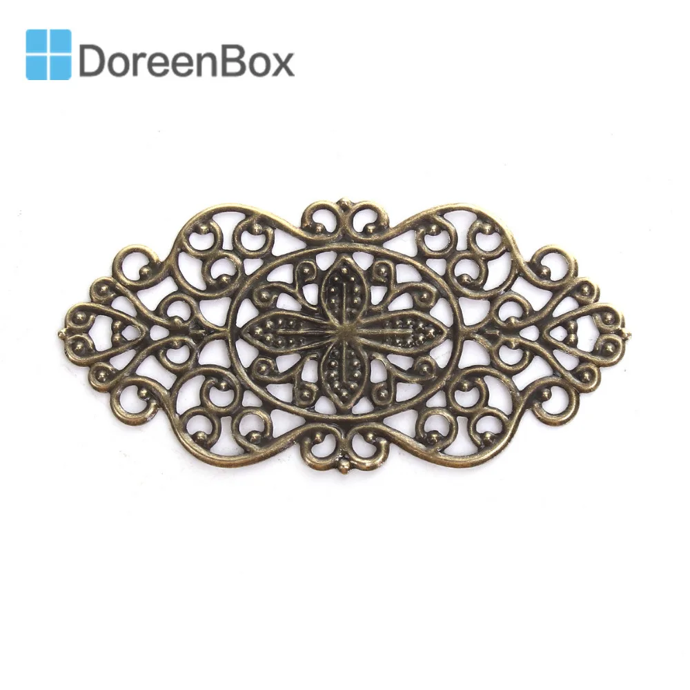 Doreen Box Zinc Based Alloy Embellishments Antique Bronze Filigree Carved Fashion DIY Jewelry Making 57mm x 28mm(1 1/8"), 30 PCs