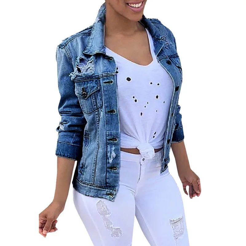 

Spring Autumn Denim Jacket Women Casacos Feminino Slim Coat Holes Denim Jacket Chaqueta Mujer Bomber Jacket Basic Coats