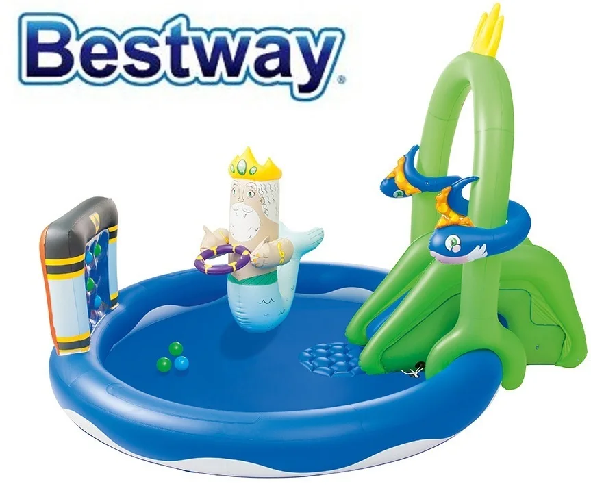 53057 Bestway 231x193x150 см надувной пластиковый Playpool с распылителем, слайд, корзина, мягкий пол 91 "x 76" x 59 "детский бассейн