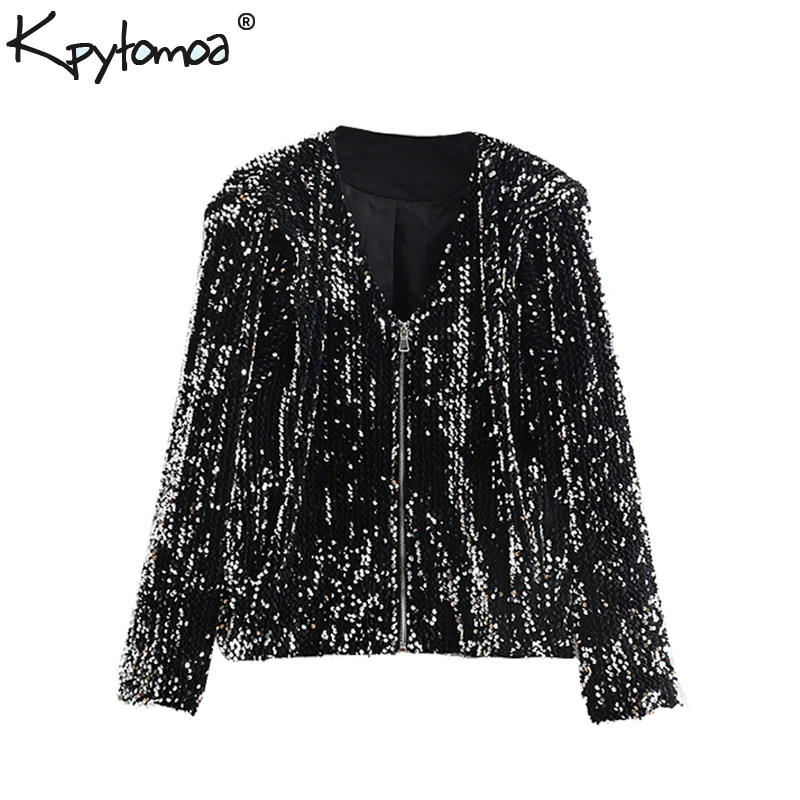 Greatest Vintage Pockets Sequined Jacket Coat Women 2020 Fashion V Neck Long Sleeve Zipper Ladies Outerwear