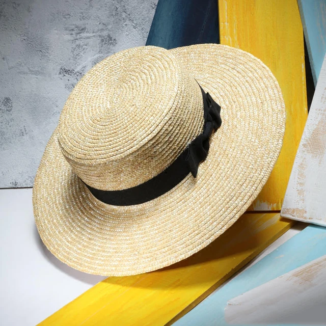 Unisex Summer Straw Hats Women Wide Brim Flat Top Beach Sunhat