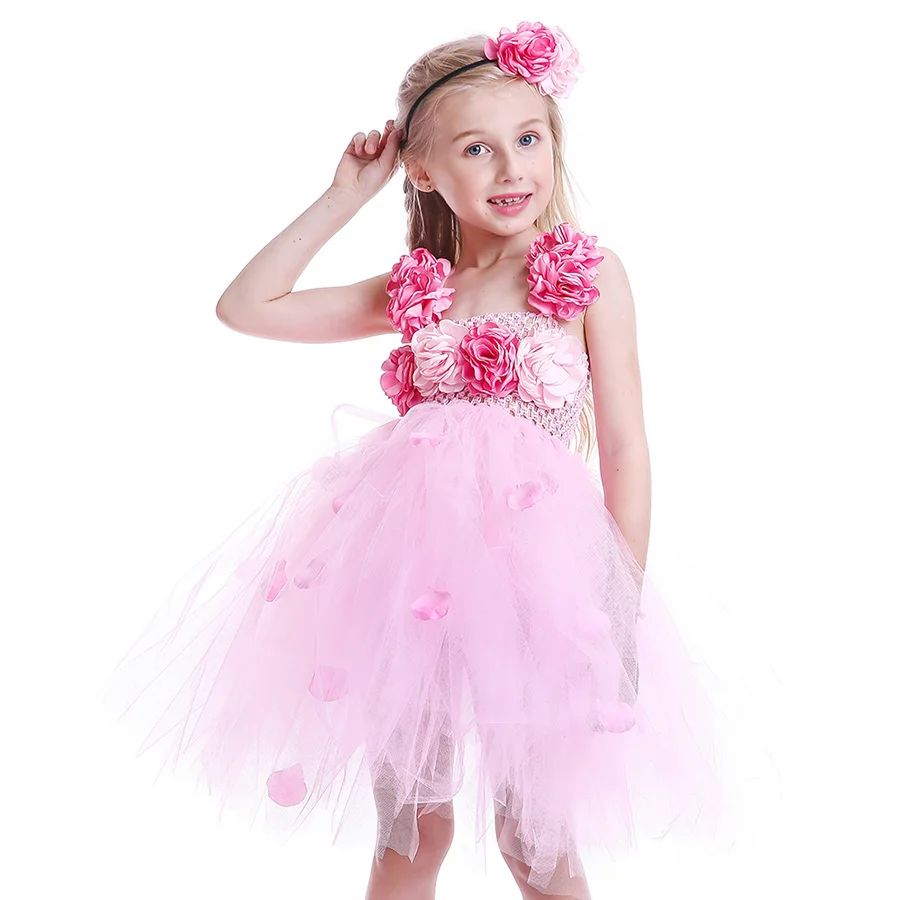 Girl Pink Flower Princess Tutu Dress with Hair Hoop Children Fancy Wedding (5)