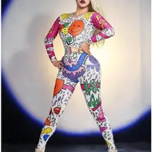 Сексуальный мультяшный комбинезон с каракулями, наряд певицы, одежда для выступлений, вечеринок, танцевальный сценический костюм, боди для выпускного, шоу, леггинсы