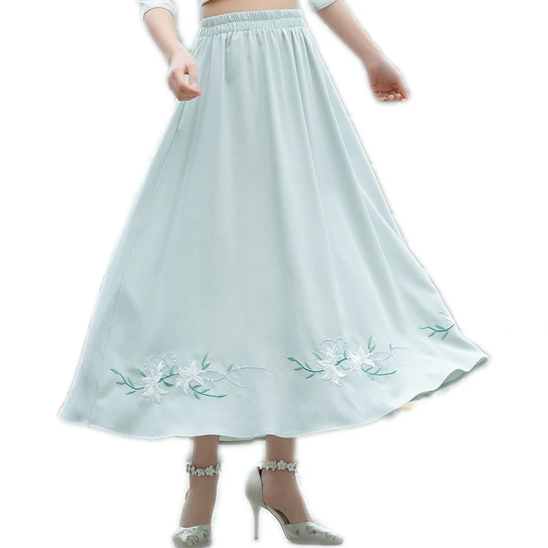 Для женщин Хлопок Льняные длинные юбки вышивка цветочный плиссированные высокая эластичная талия Лето повседневное трапециевидной формы