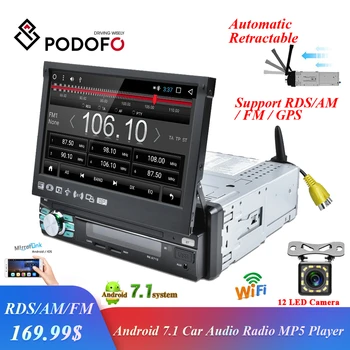 

Podofo 1 din Android Car Radio GPS Navigation Automatic Retractable Screen WIFI Bluetooth Stereo AM/FM/RDS Radios Mirror Link