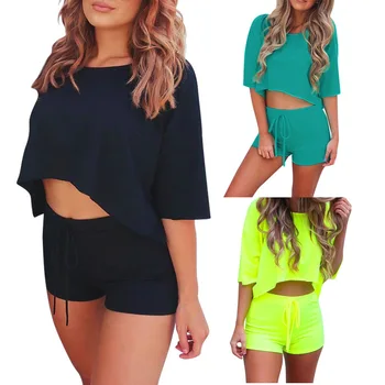 

Solid Half Sleeve O Neck Crop Top And Shorts Casual Two Piece Set 2019 Summer Womens Fashion Casual Sports Sets Short Pants Suit