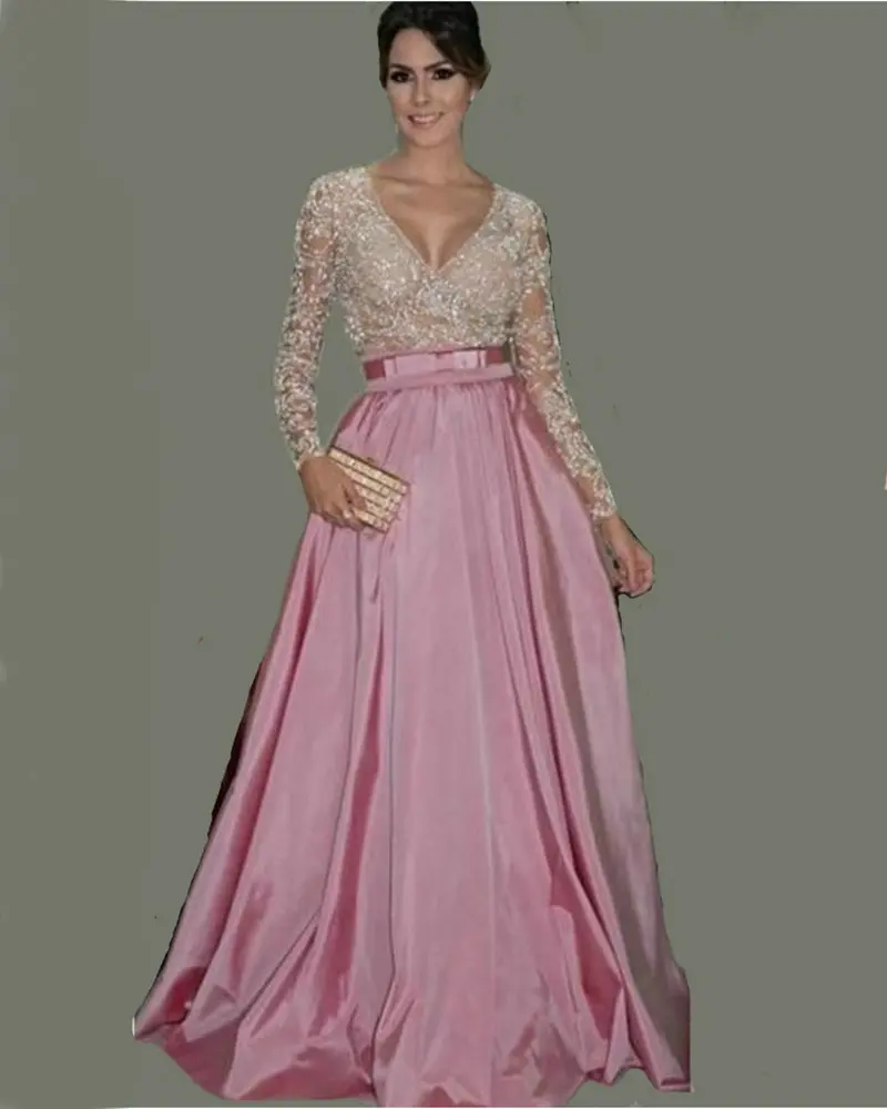 

Pink and White Long Sleeve Prom Dress Sexy V Neck Lace Evening Gowns with Belt Taffeta A Line Women Formal Gowns