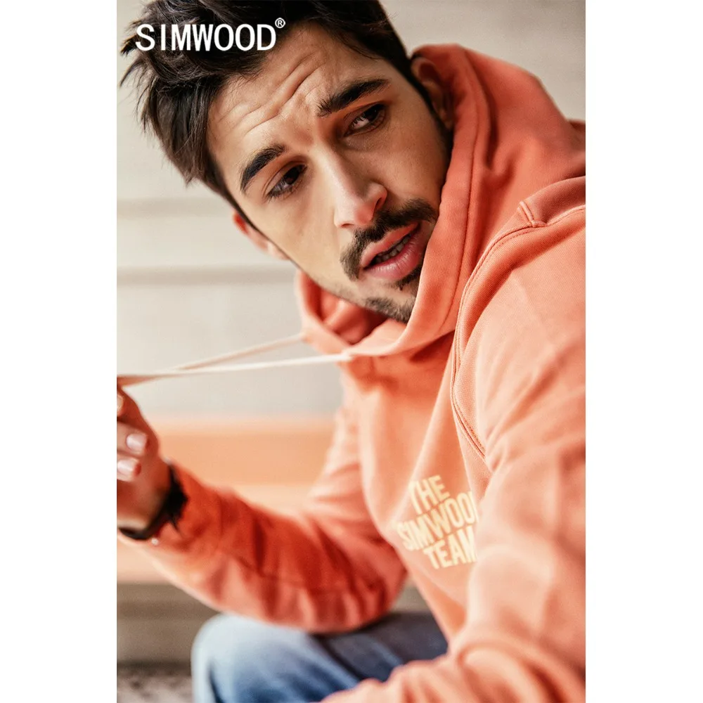  SIMWOOD 2019 autumn New Hoodie Men 100% Cotton Letter Print Hooded Sweatshirts Male Plus Size Casua