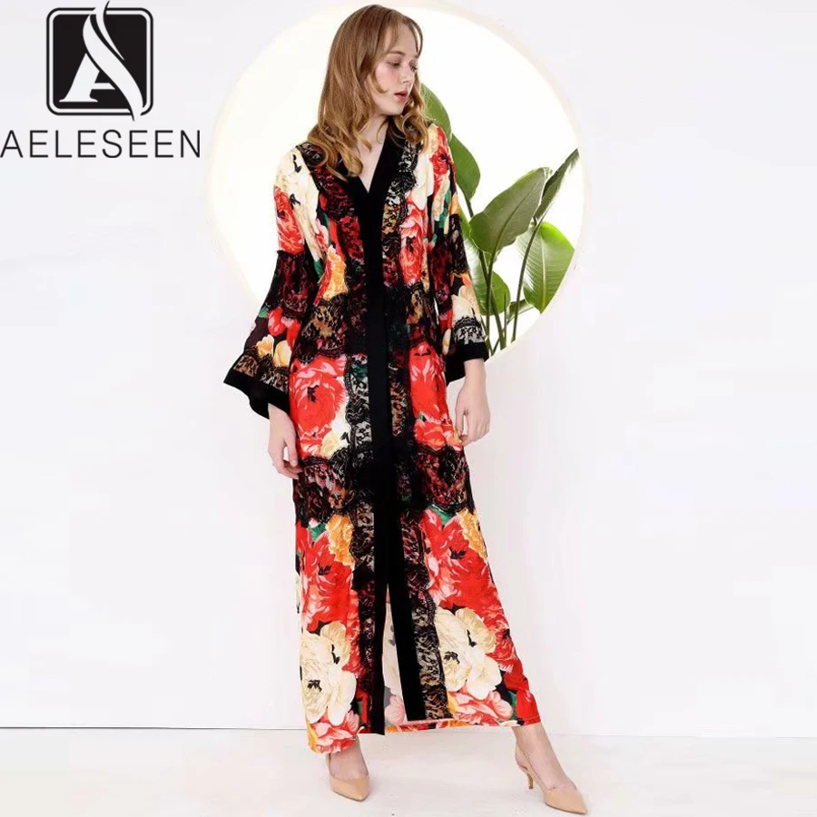 

AELESEEN Bohamain Loose Dress 2019 Spring Summer Full Sleeve Lace Patchwork Flower Print V-Neck Split Long Vintage Party Dress