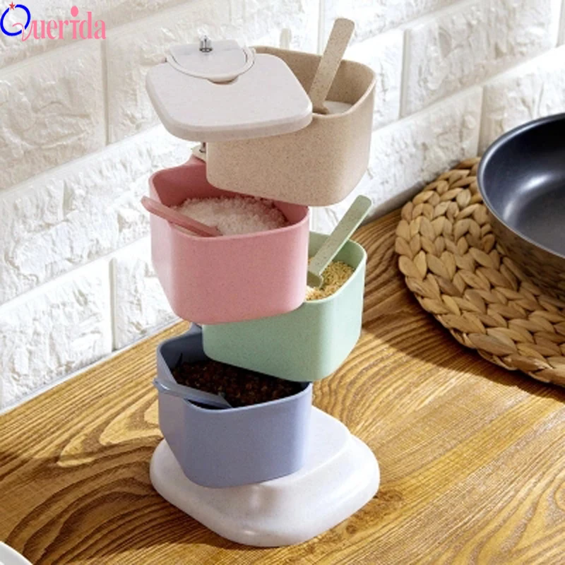 

4 Piece/Set Upright Wheat Straw Plastic Seasoning Jar Colorful Vertical Rotating spices box Kitchen seasoning Relief box