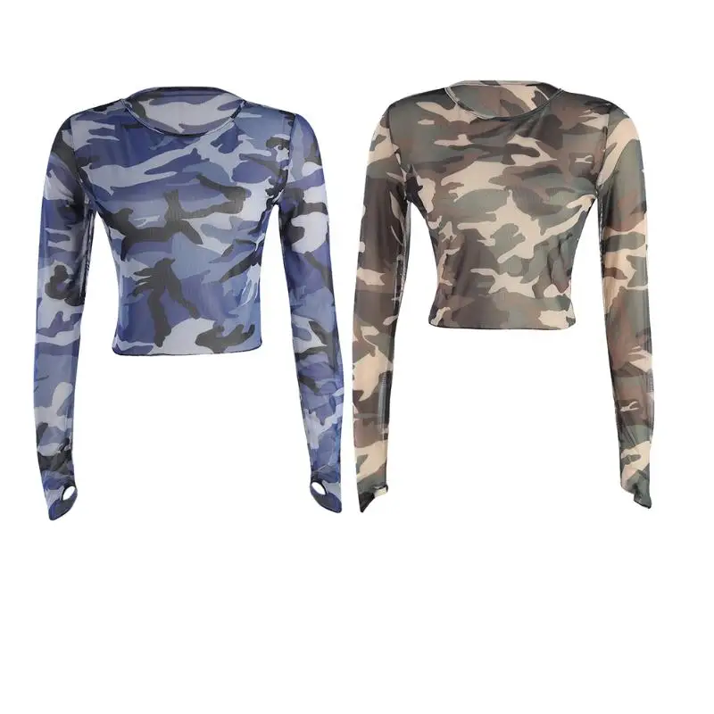 

Spring Autumn Women T-shirt Long Sleeve Camo Camouflage T-shirt Crop Tops Ladies Mesh Slim Military Female Cotton Soft Thin Tees