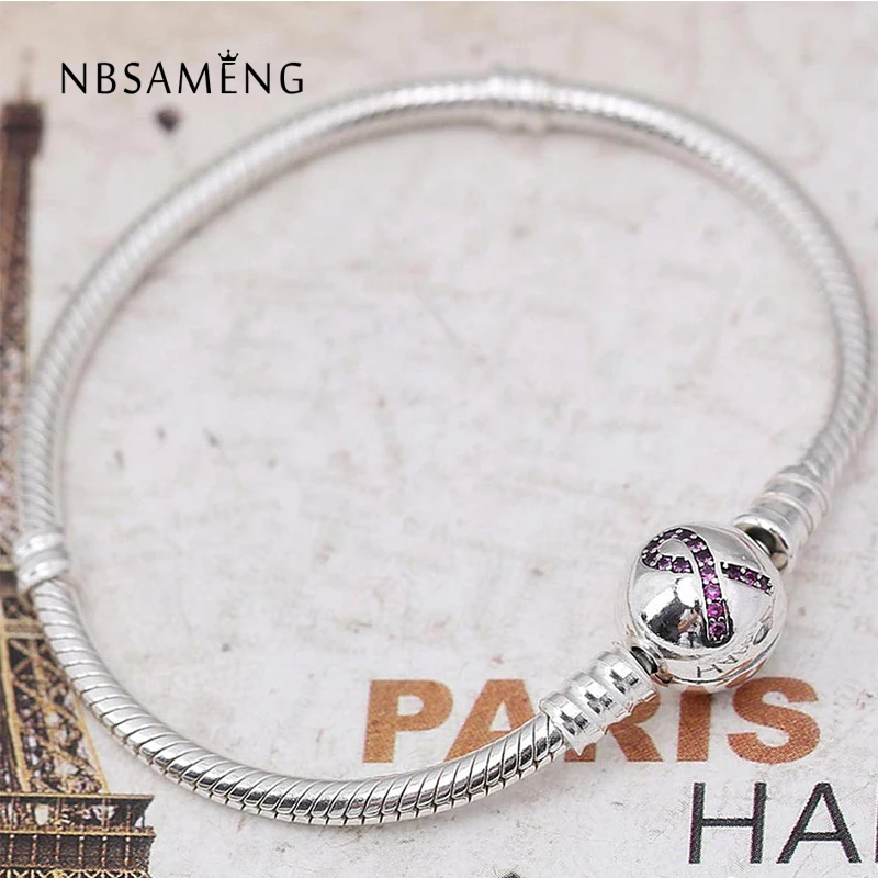 

Real 925 Sterling Silver Original Moments Rose Crystal Ribbon Snake Chain Bracelets Fit Women Pan Bangle Bead Charm DIY Jewelry